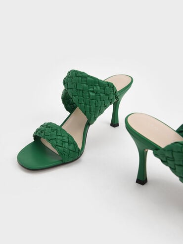 Double Strap Woven Heeled Mules, Green, hi-res