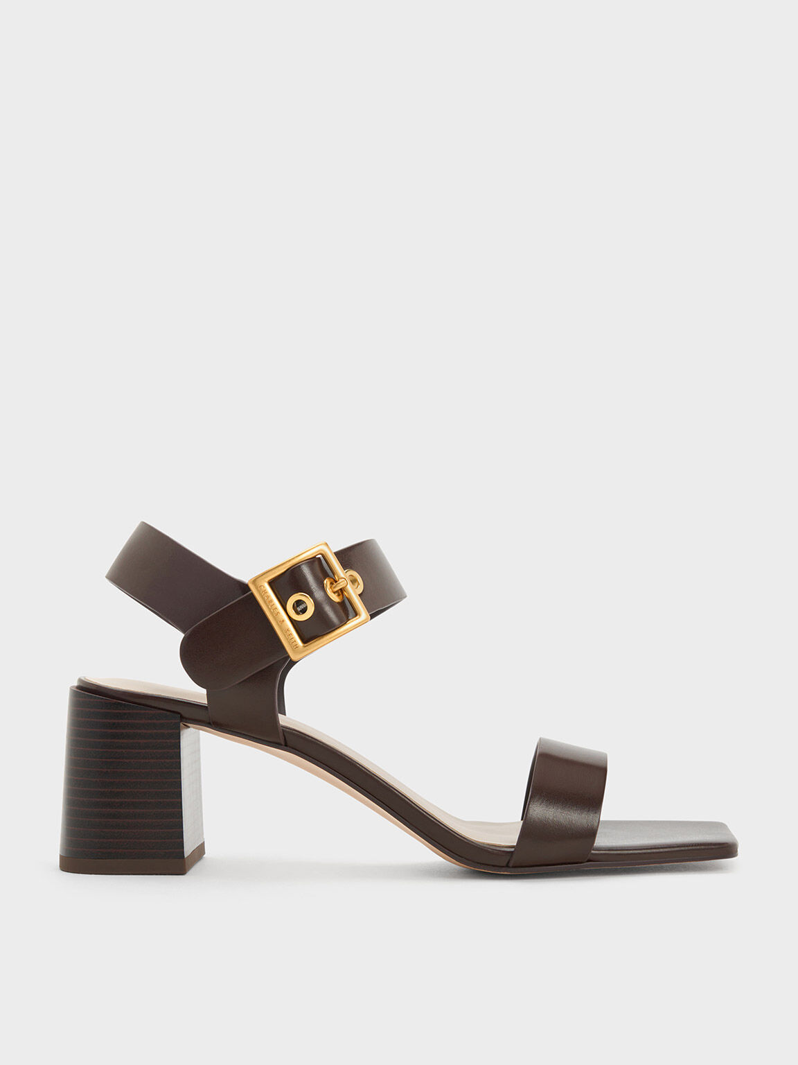 Dark Brown Square Buckle Block Heel Sandals CHARLES KEITH IN
