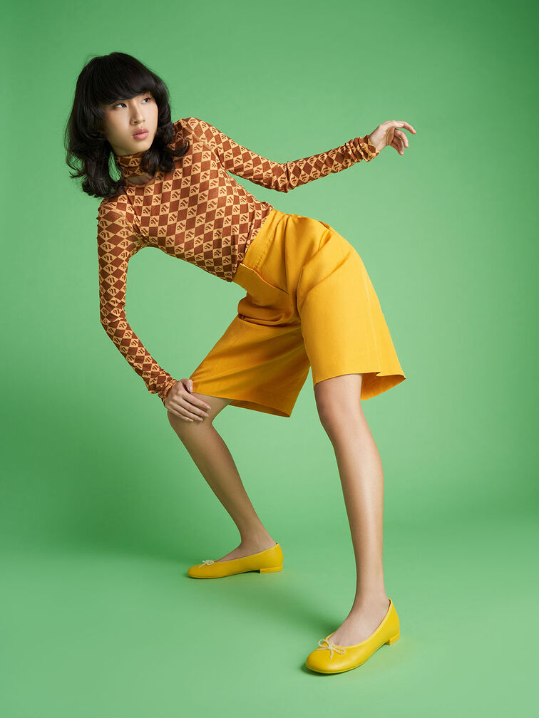 Bead Embellished Bow-Tie Ballerina Flats, Yellow, hi-res