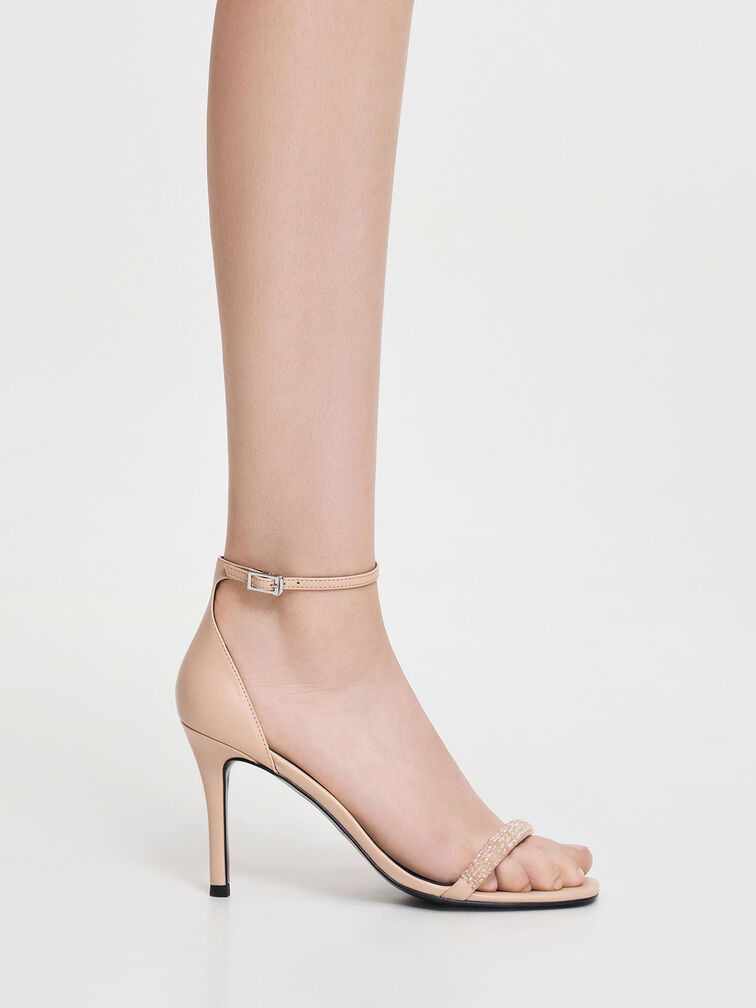 Beaded Strap Heeled Sandals, Nude, hi-res