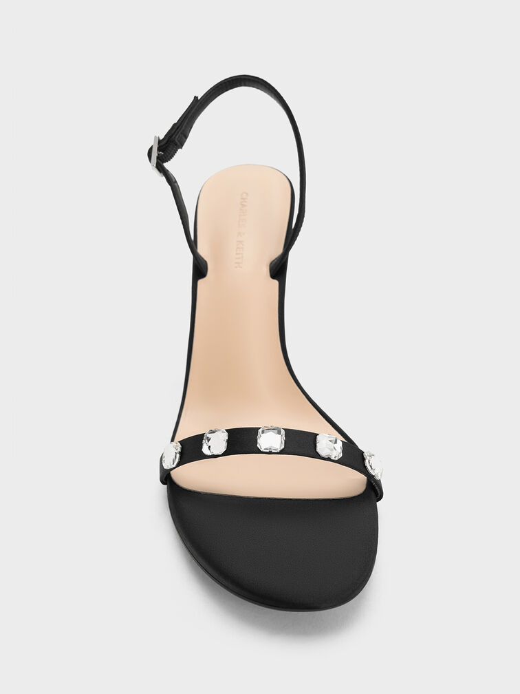 Recycled Polyester Gem-Embellished Heeled Slingback Sandals, Black Textured, hi-res