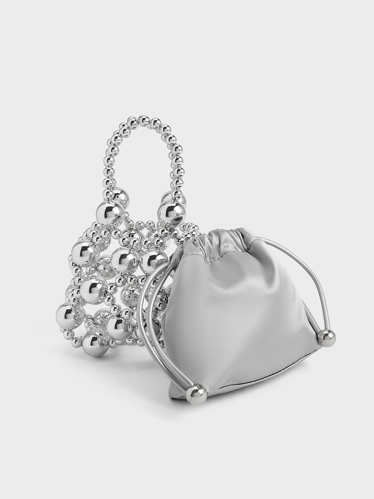 Metallic Beaded Top Handle Bag, Silver, hi-res