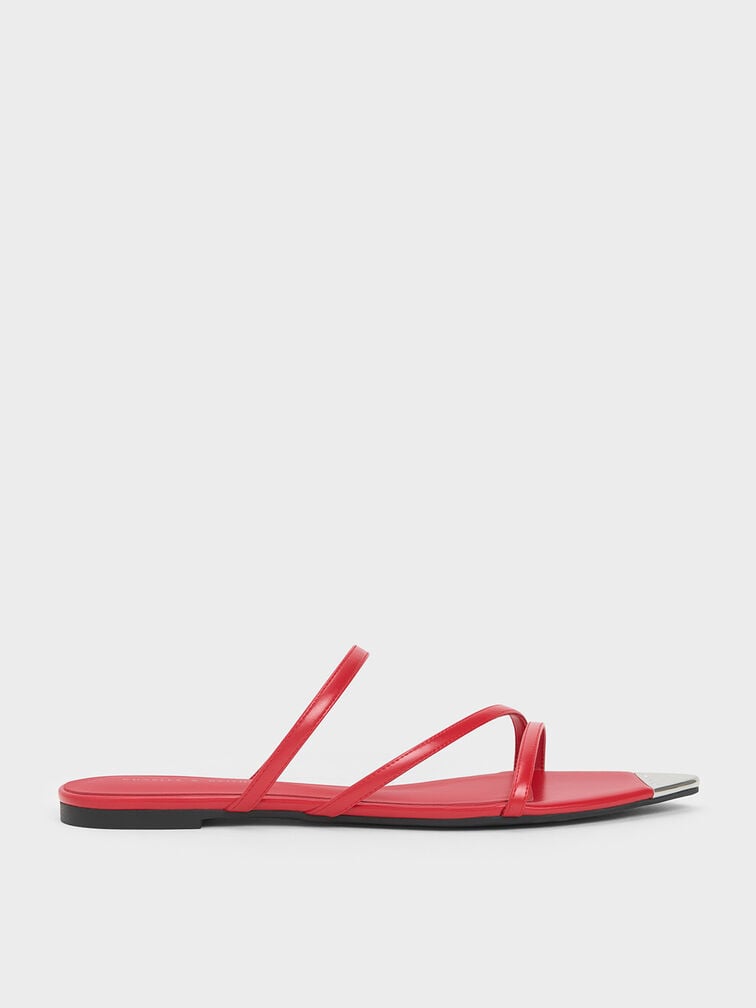 Metallic Cap Strappy Sandals, Red, hi-res
