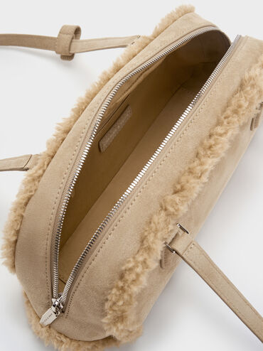Nelly Recycled Suede & Faux Shearling Elongated Shoulder Bag, Nutmeg Beige, hi-res