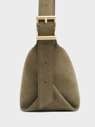 Larsen Recycled Suede Buckle-Strap Slouchy Shoulder Bag, Deep Olive, hi-res