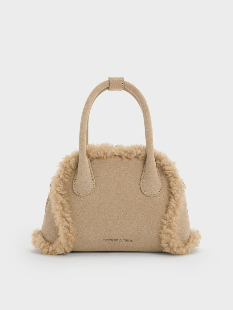 Nelly Recycled Suede & Faux Shearling Bowling Bag, Nutmeg Beige, hi-res