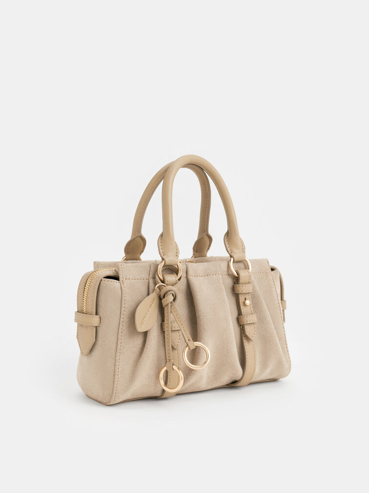 Britton Recycled Suede Ruched Top Handle Tote Bag, Nutmeg Beige, hi-res