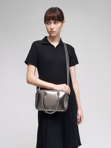 Sianna Metallic Crinkle-Effect Bowling Bag, Pewter, hi-res