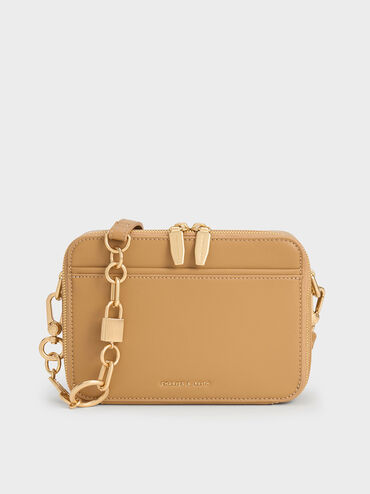 Lock & Key Chain Handle Bag, Camel, hi-res