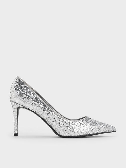 Emmy Glittered Pointed-Toe Pumps, Silver, hi-res