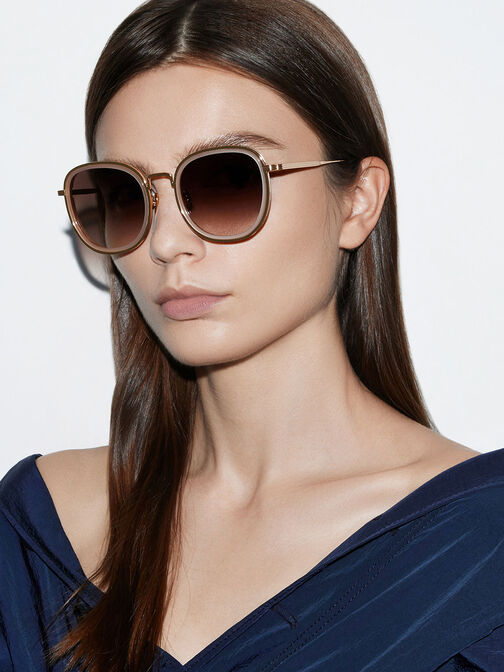 Recycled Acetate Metallic-Rim Oversized Sunglasses, Pink, hi-res