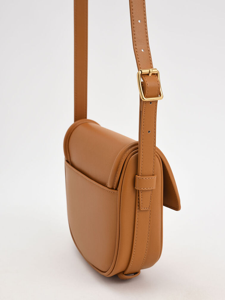 Aurea Metallic-Accent Saddle Crossbody Bag, Cognac, hi-res