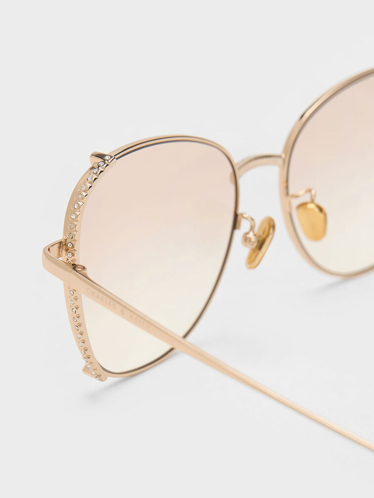 Embellished Half-Frame Butterfly Sunglasses, Cream, hi-res