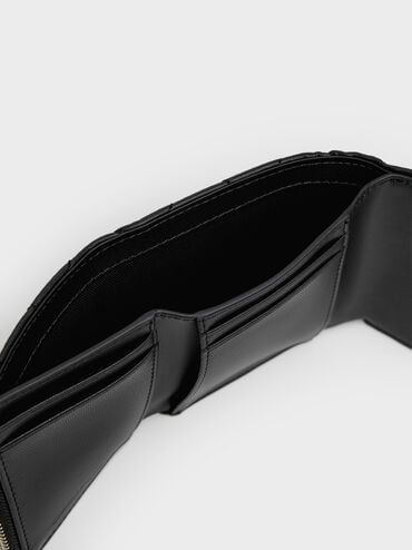 Arrietty Quilted Bow-Heart Charm Curved-Flap Wallet, Black, hi-res