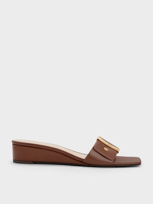 Metallic Accent Square-Toe Wedges, Cognac, hi-res