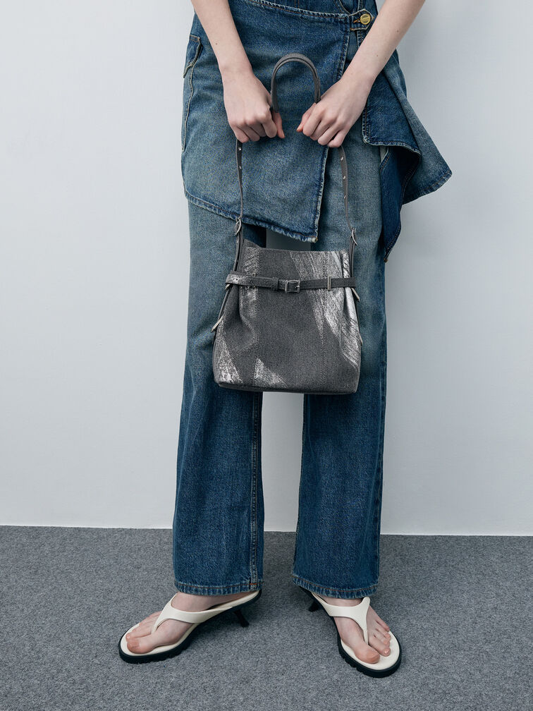 Bryna Brushed Denim Belted Bucket Bag, Silver Brushed Denim, hi-res