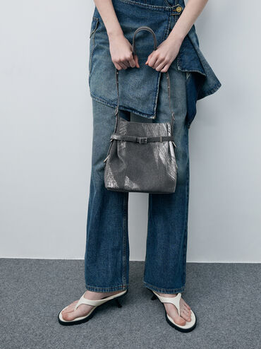 Bryna Brushed Denim Belted Bucket Bag, Silver Brushed Denim, hi-res