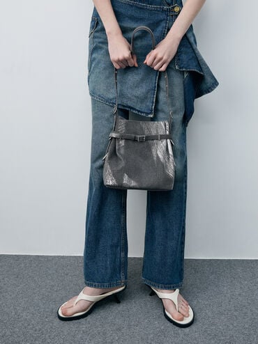 Bryna Brushed Denim Belted Bucket Bag, Silver Brushed Denim, hi-res