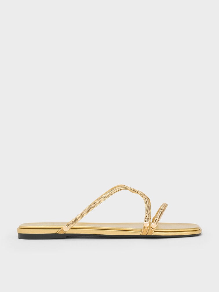 Metallic Braided Strappy Sandals, Gold, hi-res