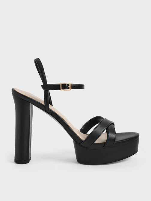 Crossover Platform Heeled Sandals, Black, hi-res