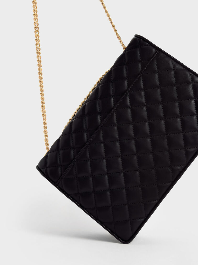 Double Chain Handle Quilted Bag, Black, hi-res