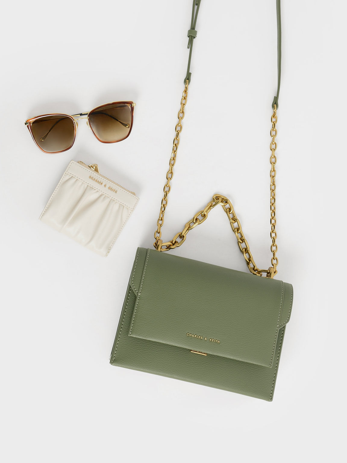 Olive Front Flap Chain Handle Crossbody Bag CHARLES KEITH IN