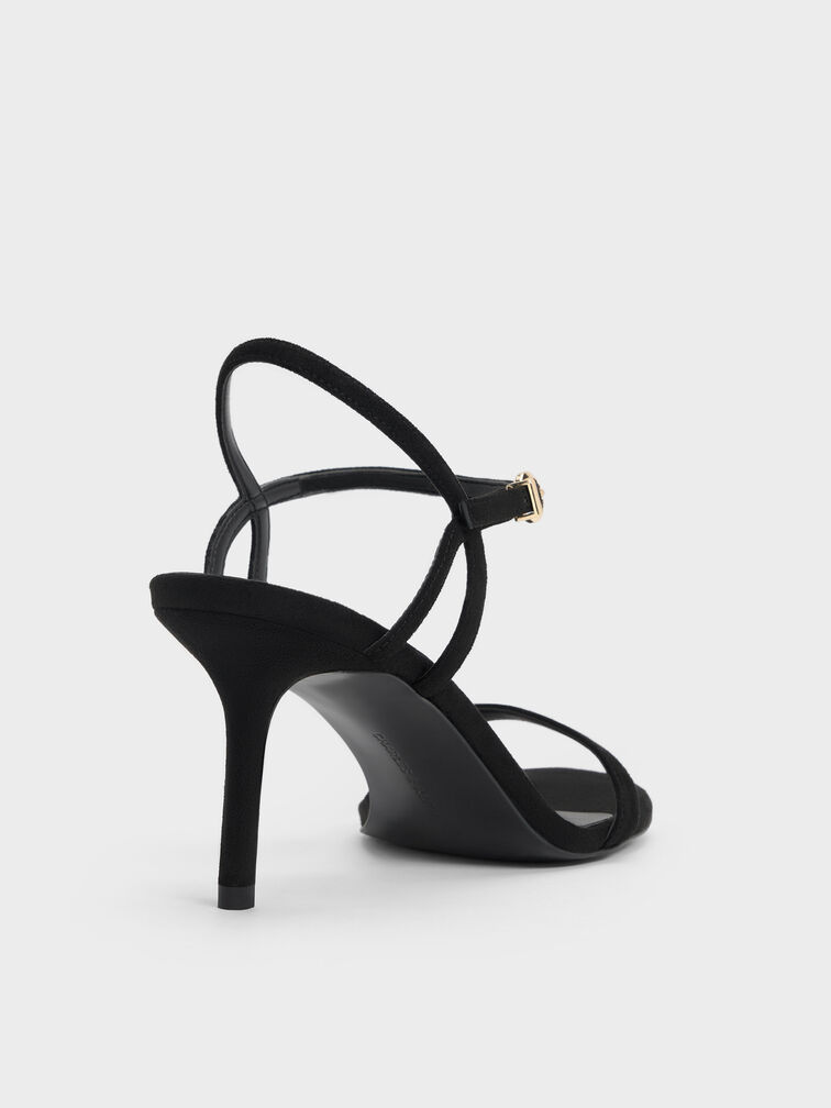 Faux Suede Ankle-Strap Heeled Sandals, Black Textured, hi-res