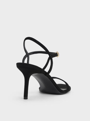 Faux Suede Ankle-Strap Heeled Sandals, Black Textured, hi-res