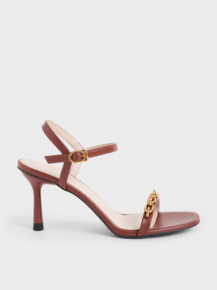 Chain Link Heeled Sandals, Brown, hi-res