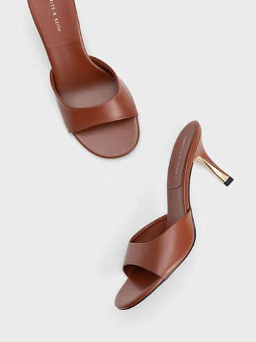 Round-Toe Sculptural Heel Mules, Brown, hi-res