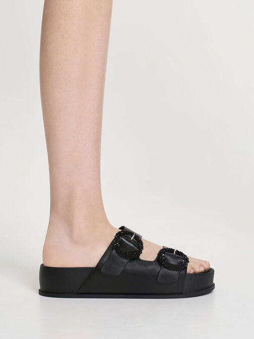 Beaded Circle Slide Sandals, Black, hi-res