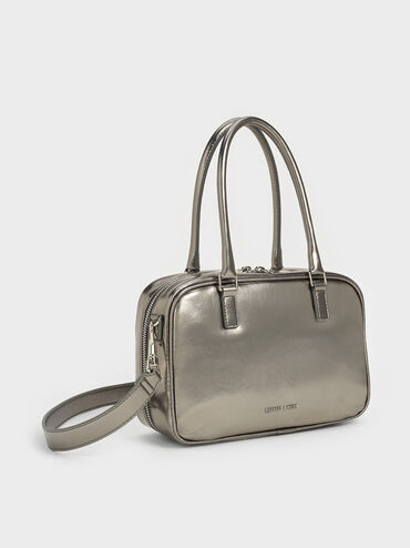 Sianna Metallic Crinkle-Effect Bowling Bag, Pewter, hi-res