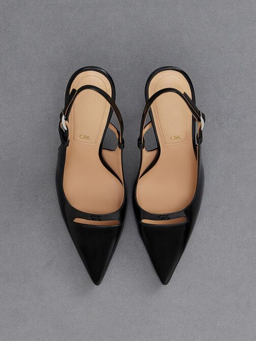 Leather Pointed-Toe Slingback Pumps, Black Box, hi-res
