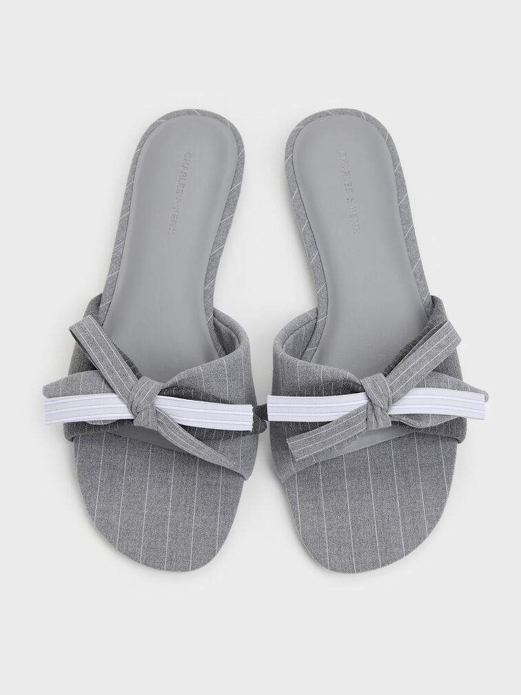Striped Knot-Bow Slide Sandals, Grey, hi-res