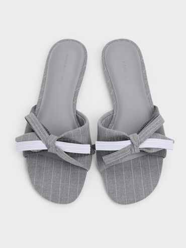 Striped Knot-Bow Slide Sandals, Grey, hi-res