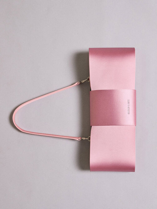 Satin Bow Elongated Shoulder Bag, Flamingo Pink, hi-res
