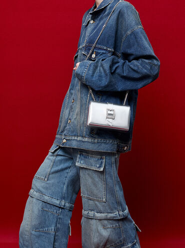 Metallic Crystal-Buckle Belted Chain-Handle Bag, Silver, hi-res