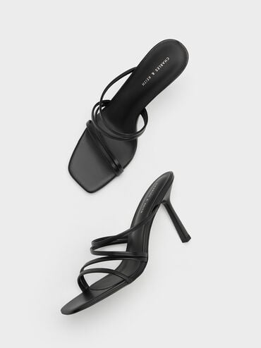 Asymmetric Square-Toe Heeled Mules, Black, hi-res