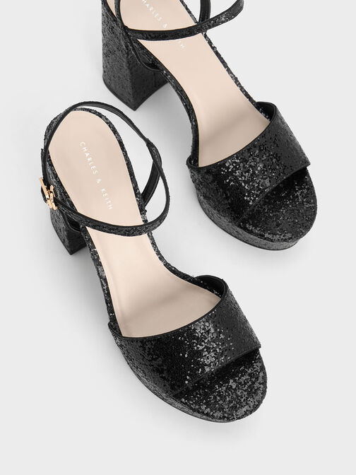 Glittered Ankle-Strap Platform Sandals, Black Textured, hi-res