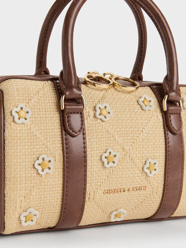 Philomena Raffia Flower Bowling Bag, Beige, hi-res
