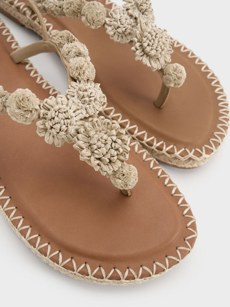 Faux Suede Flower Espadrille Thong Sandals, Sand, hi-res