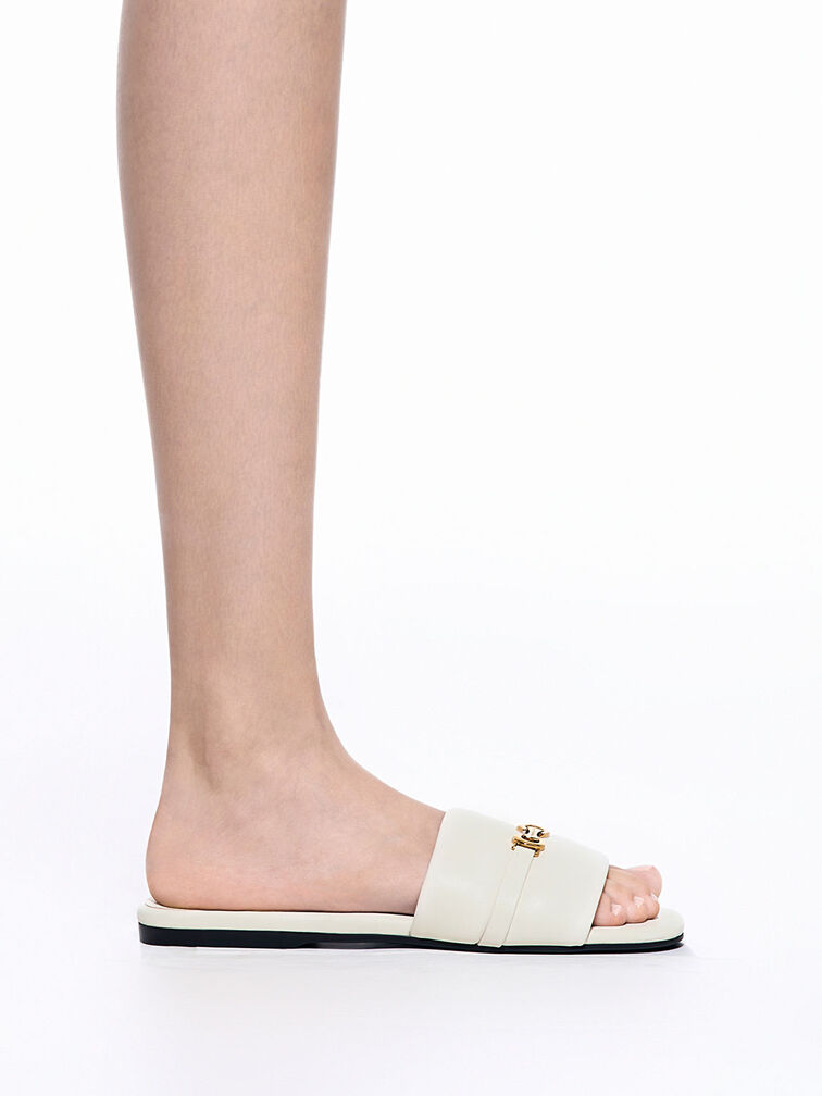 Metallic Accent Round-Toe Slide Sandals, Chalk, hi-res