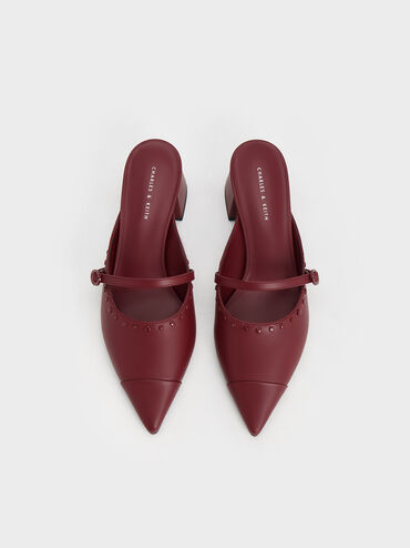 Studded Pointed-Toe Block Heel Mules, Burgundy, hi-res
