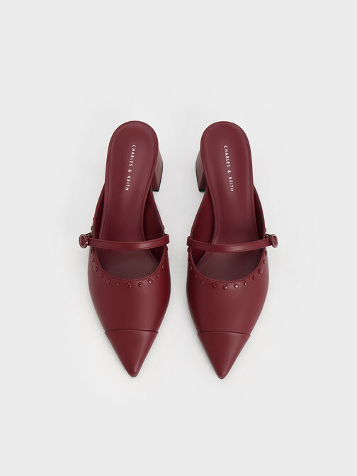 Studded Pointed-Toe Block Heel Mules, Burgundy, hi-res