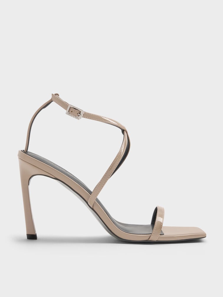 Patent Strappy Ankle-Strap Heeled Sandals, Taupe, hi-res