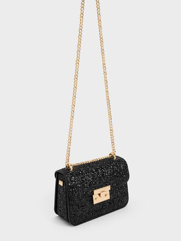 Glittered Push-Lock Chain-Handle Bag, Black, hi-res