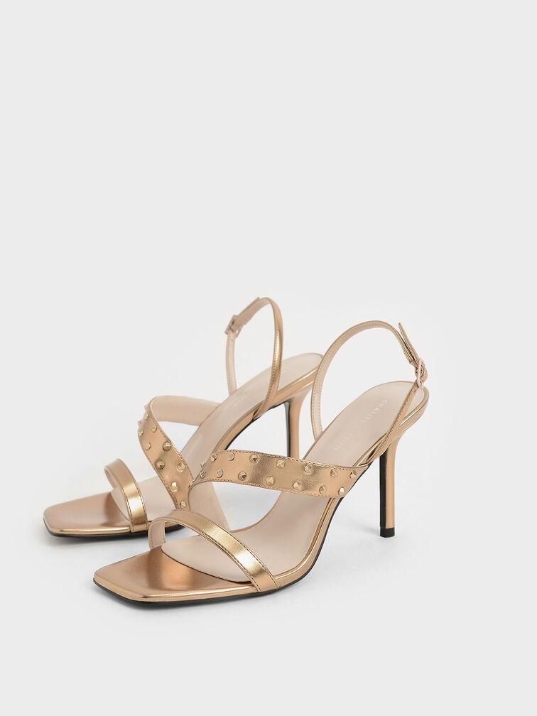 Metallic Studded Asymmetric Strap Stiletto Sandals, Gold, hi-res