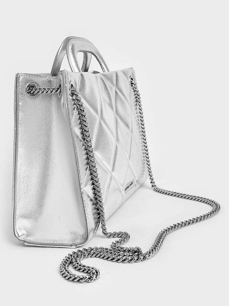 Apfra Metallic Quilted Chain-Handle Bag, Silver, hi-res
