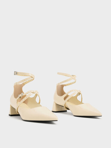 Crinkle-Effect Strappy Buckled Pumps, Beige, hi-res