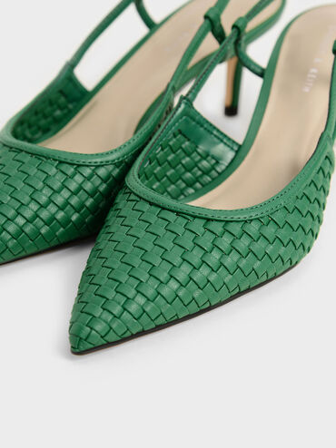 Woven Slingback Pumps, Green, hi-res